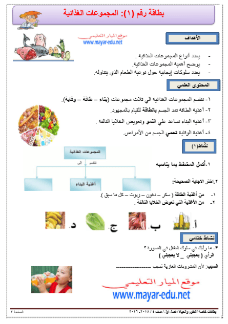 ورقة عمل علوم للصف الرابع المجموعات الغذائية 3