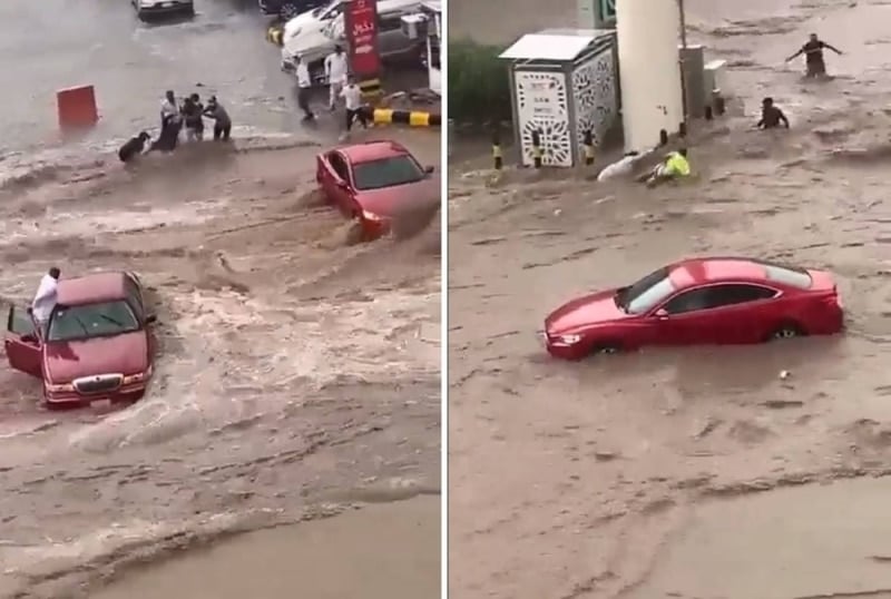 شاهد سيول سوق الضيافة في مكة تجرف أشخاص بقوة ومحاولة إنقاذ سيدة كادت تسحبها المياه