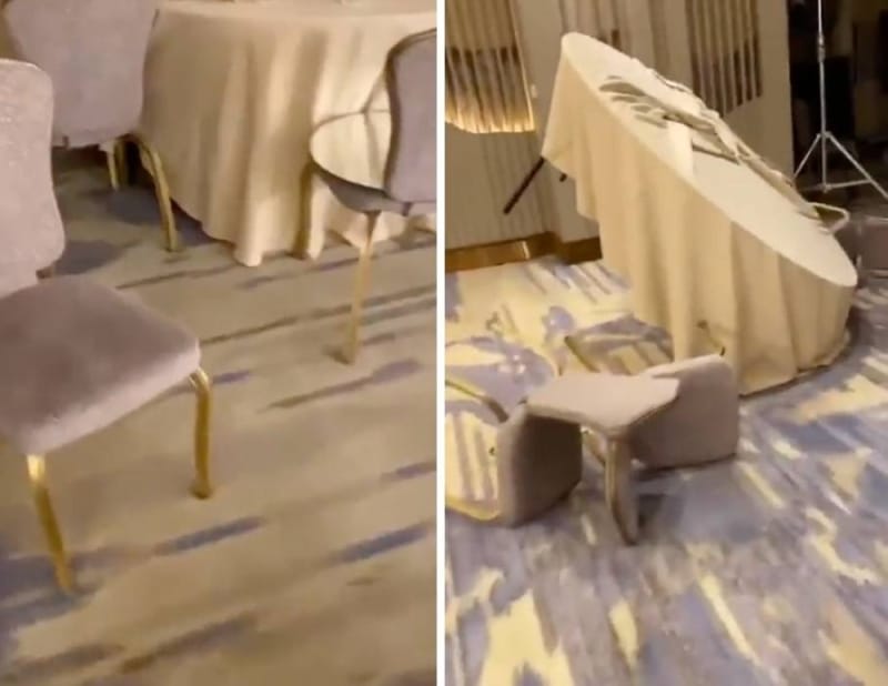 فتاة توثق فيديو لتكسير محتويات قاعة أفراح وتحطيم الكراسي