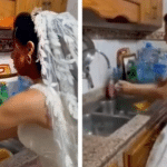 شاهد عروس لبنانية تغسل الصحون بفستان الزفاف